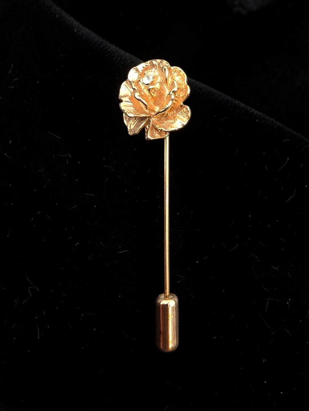 Vintage ML Gold Tone Rose Stick Pin Brooch with Crystal | Floral Lapel Hat Scarf